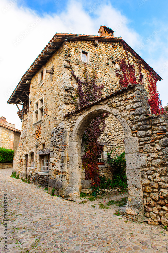 Perouges, France, a medieval walled town, a popular touristic attraction.