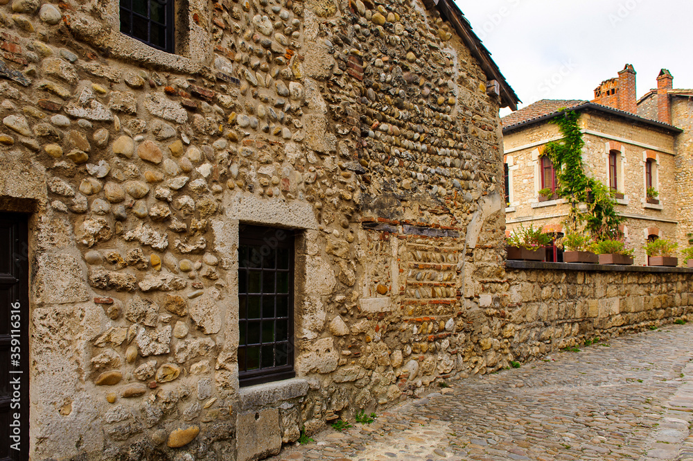 Perouges, France, a medieval walled town, a popular touristic attraction.