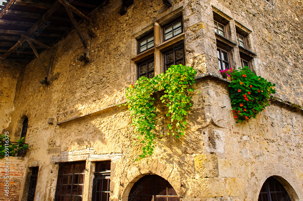 Medieval architecture of Perouges, France, a walled town, a popular ...