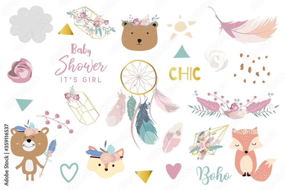 Fototapeta premium Doodle boho set with bear,feather,dreamcatcher,flower. illustration for logo,sticker,postcard,birthday invitation.Editable element