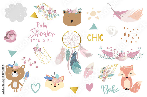 Doodle boho set with bear feather dreamcatcher flower. illustration for logo sticker postcard birthday invitation.Editable element