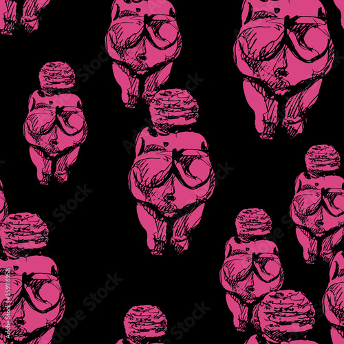 Seamless abstract pattern with silhouettes of Venus of Willendorf. Figurines of Paleolithic fertility goddess. Female archetype of Great Mother. photo