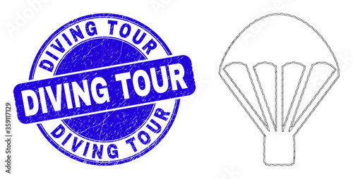 Web mesh parachute pictogram and Diving Tour watermark. Blue vector rounded grunge stamp with Diving Tour message. Abstract frame mesh polygonal model created from parachute pictogram.