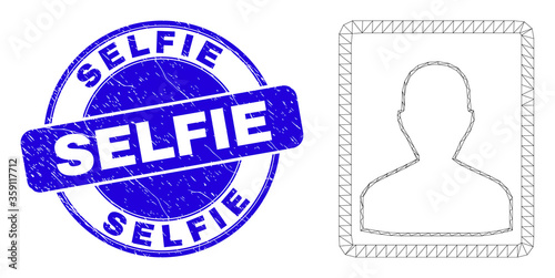Web carcass person portrait pictogram and Selfie watermark. Blue vector round textured watermark with Selfie phrase. Abstract carcass mesh polygonal model created from person portrait pictogram.