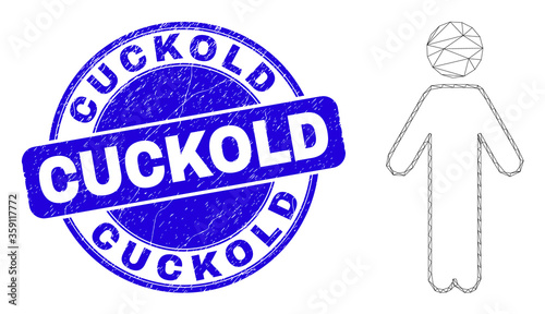 Web mesh person pictogram and Cuckold seal. Blue vector rounded distress seal stamp with Cuckold text. Abstract frame mesh polygonal model created from person pictogram.