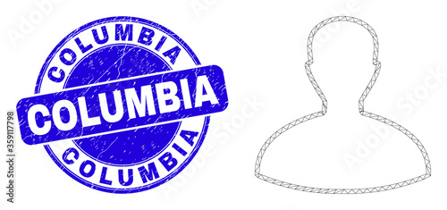 Web mesh person icon and Columbia seal. Blue vector round grunge seal stamp with Columbia text. Abstract carcass mesh polygonal model created from person icon.