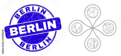 Web mesh quadrocopter pictogram and Berlin watermark. Blue vector rounded distress seal with Berlin phrase. Abstract frame mesh polygonal model created from quadrocopter pictogram.