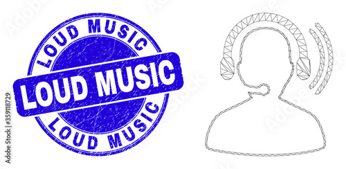 Web mesh radio operator headset pictogram and Loud Music seal. Blue vector rounded distress seal stamp with Loud Music title.