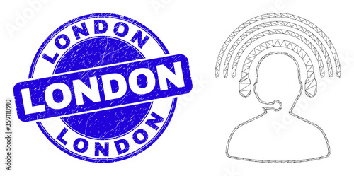 Web carcass radio operator pictogram and London seal. Blue vector round grunge seal with London text. Abstract frame mesh polygonal model created from radio operator pictogram.