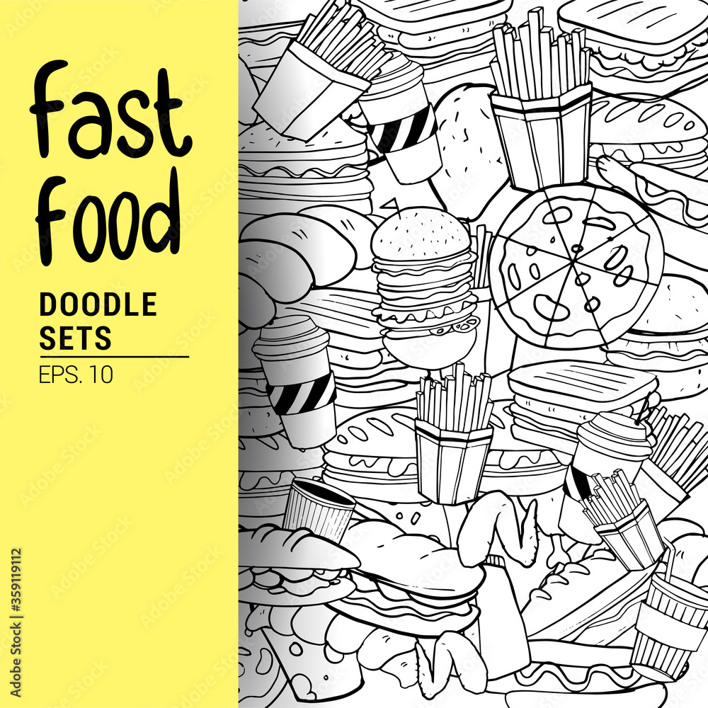 Set of hand drawn food isolated on white background, doodle set of fast food. Vector illustration