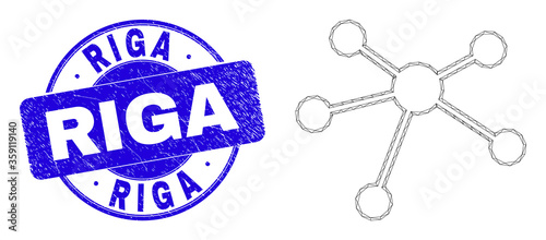 Web carcass relation links pictogram and Riga seal stamp. Blue vector round distress seal stamp with Riga message. Abstract carcass mesh polygonal model created from relation links icon.