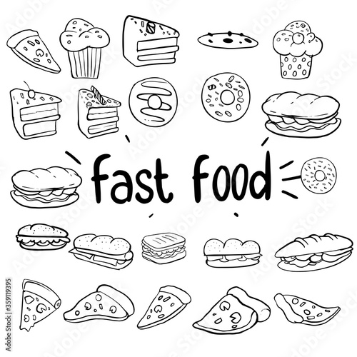 Set of hand drawn food isolated on white background, doodle set of fast food. Vector illustration