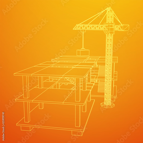 Building under construction with crane. Build house construct in process. Wireframe low poly mesh vector illustration