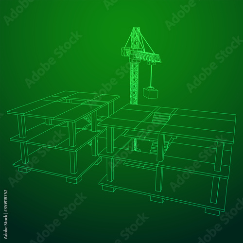 Building under construction with crane. Build house construct in process. Wireframe low poly mesh vector illustration