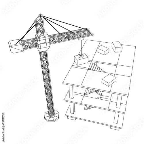 Building under construction with crane. Build house construct in process. Wireframe low poly mesh vector illustration