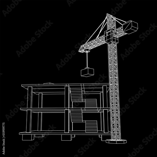 Building under construction with crane. Build house construct in process. Wireframe low poly mesh vector illustration