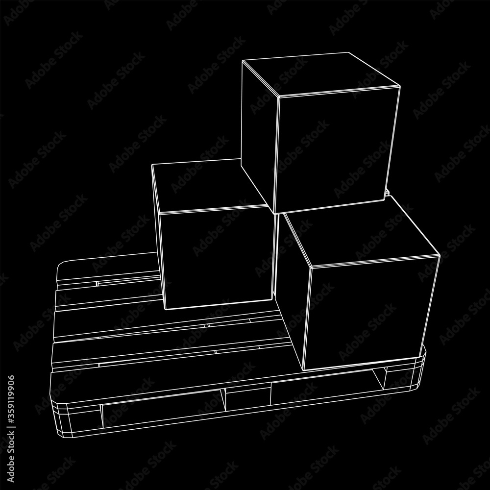 Cargo pallet for warehouse with stacked goods cardboard boxes. Logistics shipping concept. Wireframe low poly mesh vector illustration. Cargo pallet for warehouse with stacked goods cardboard boxes. Logistics shipping concept. Wireframe low poly mesh vector illustration.