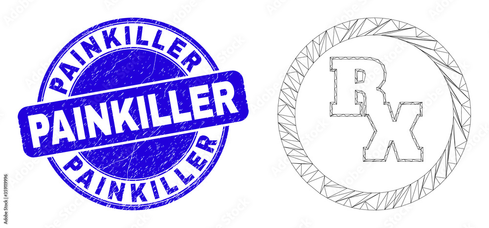Web mesh RX receipt symbol icon and Painkiller seal stamp. Blue vector round scratched seal stamp with Painkiller message. Abstract carcass mesh polygonal model created from RX receipt symbol icon. Web mesh RX receipt symbol icon and Painkiller seal stamp. Blue vector round scratched seal stamp with Painkiller message. Abstract carcass mesh polygonal model created from RX receipt symbol icon.