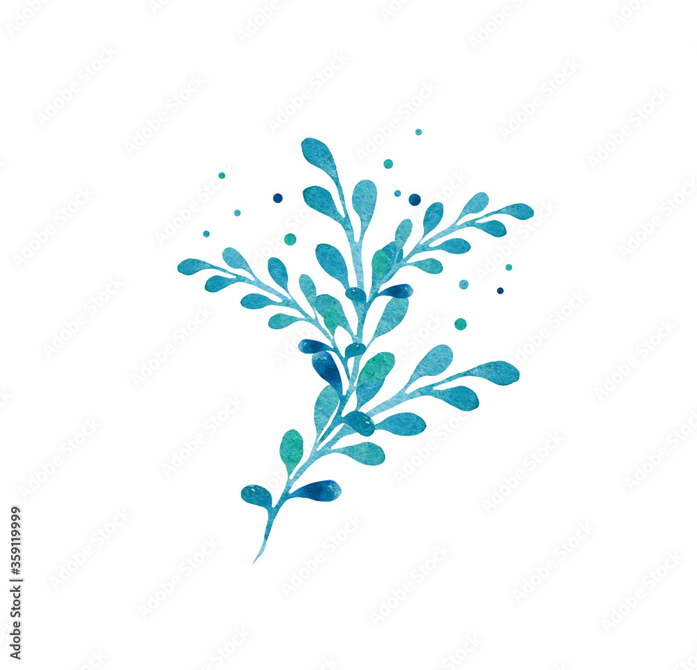Watercolor floral element, blue-green twig with leaves on a white background. For design, cards, business cards, wedding invitations.