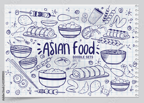 Cartoon cute hand drawn Japan food seamless pattern. Line art with lots of objects background. Endless funny vector illustration. Sketchy backdrop with asian cuisine symbols and items