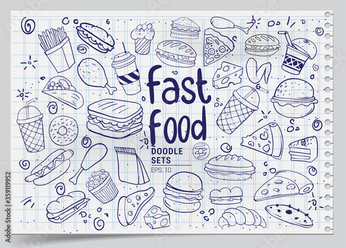 Set of hand drawn food isolated on white background, doodle set of fast food. Vector illustration