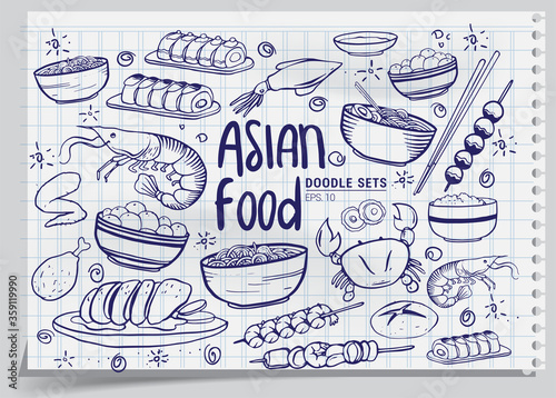 Cartoon cute hand drawn Japan food seamless pattern. Line art with lots of objects background. Endless funny vector illustration. Sketchy backdrop with asian cuisine symbols and items