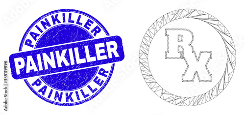 Web mesh RX receipt symbol icon and Painkiller seal stamp. Blue vector round scratched seal stamp with Painkiller message. Abstract carcass mesh polygonal model created from RX receipt symbol icon.