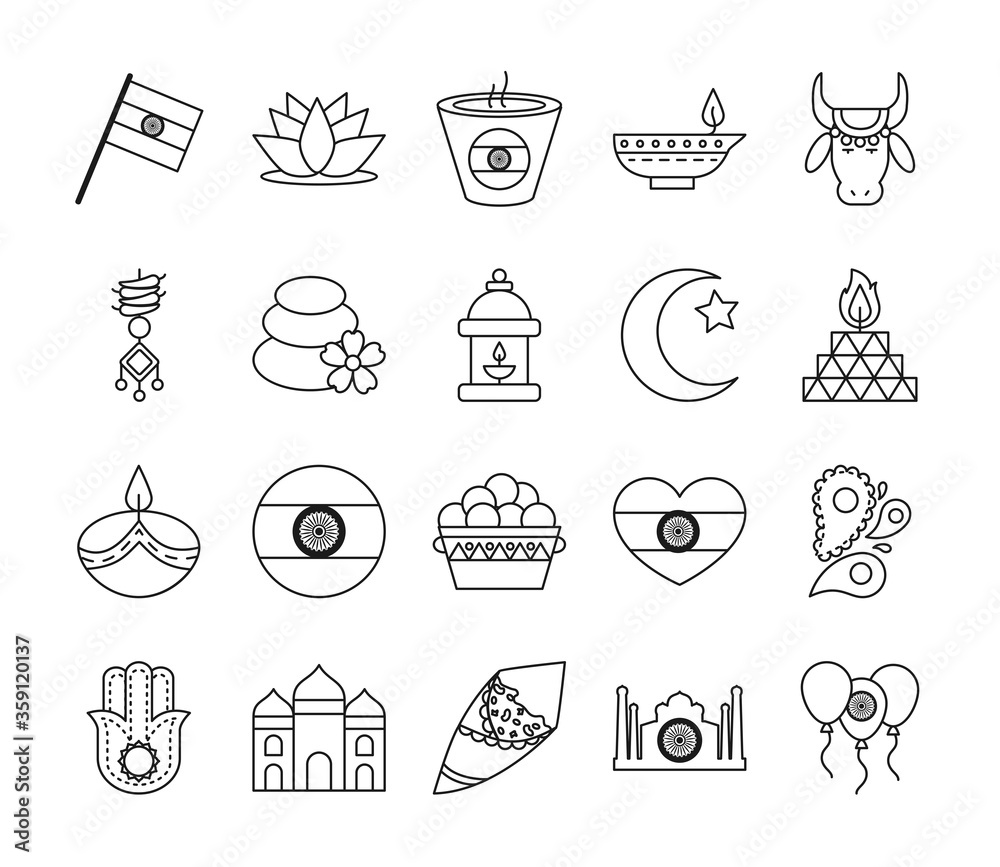 Indian line style icon set vector design