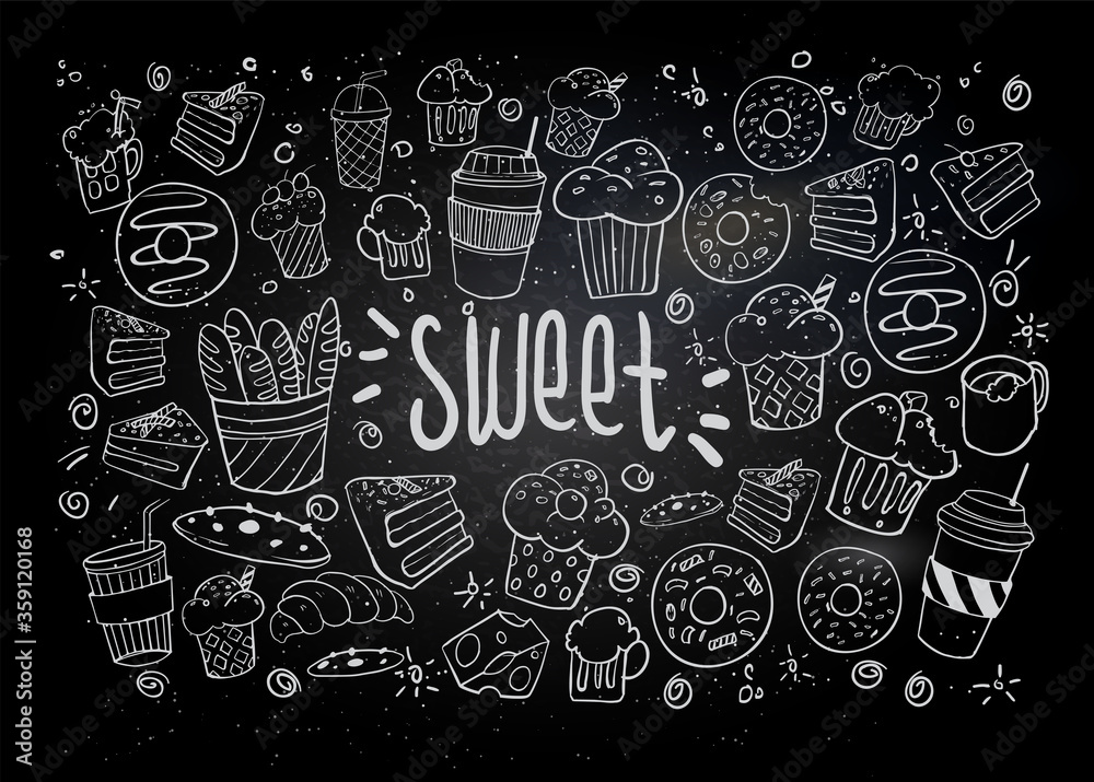 Set of drawings on the theme cakes. Cakes, pies, bread, biscuits and other confectionery products. vector illustration Set of drawings on the theme cakes. Cakes, pies, bread, biscuits and other confectionery products. vector illustration