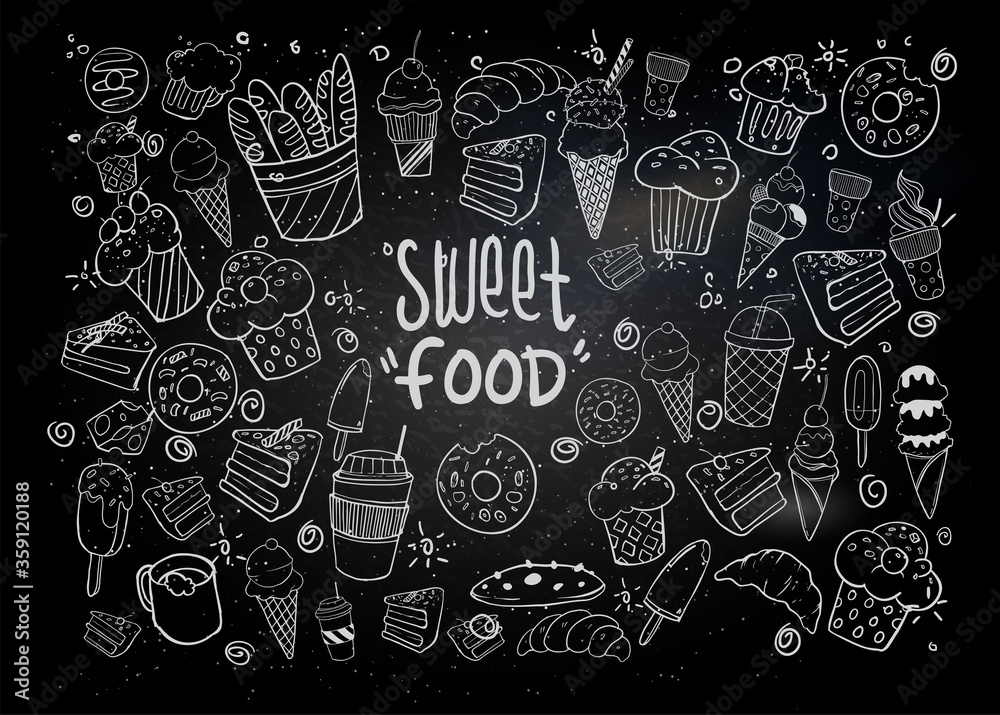 Set of drawings on the theme cakes. Cakes, pies, bread, biscuits and other confectionery products. vector illustration Set of drawings on the theme cakes. Cakes, pies, bread, biscuits and other confectionery products. vector illustration