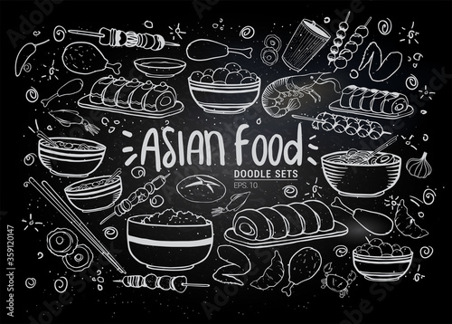 Cartoon cute hand drawn Japan food seamless pattern. Line art with lots of objects background. Endless funny vector illustration. Sketchy backdrop with asian cuisine symbols and items