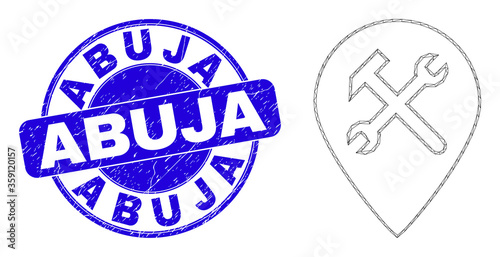 Web mesh service map pointer icon and Abuja seal stamp. Blue vector round distress seal stamp with Abuja title. Abstract frame mesh polygonal model created from service map pointer icon.