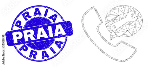 Web carcass service phone call icon and Praia seal stamp. Blue vector rounded distress seal stamp with Praia title. Abstract carcass mesh polygonal model created from service phone call icon.