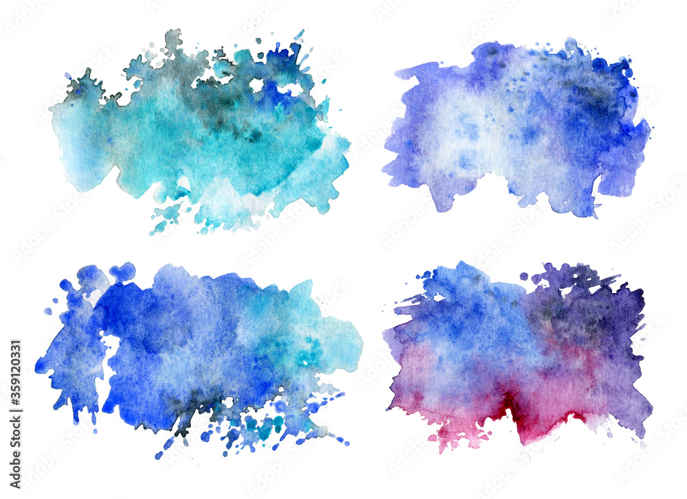 Watercolour stain. Set of abstract spots on a white background. Blue watercolor textures. Background for design and creativity. Concept backgrounds. Watercolour stain. Set of abstract spots on a white background. Blue watercolor textures. Background for design and creativity. Concept backgrounds.