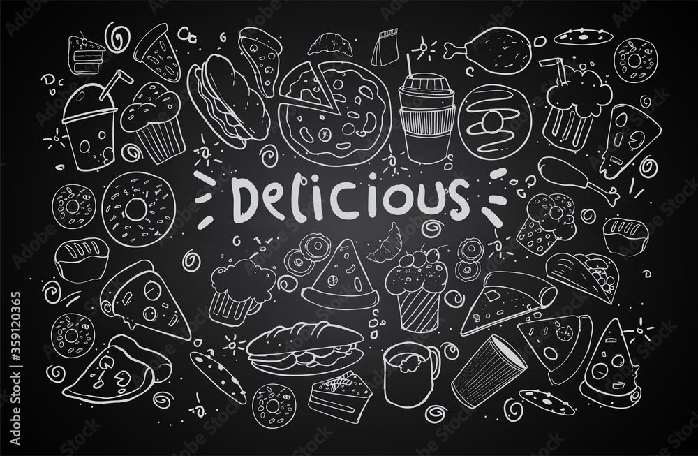 Set of hand drawn food isolated on black background, doodle set of fast food. Vector illustration Set of hand drawn food isolated on black background, doodle set of fast food. Vector illustration
