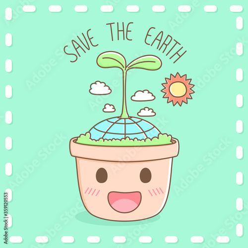Small planet earth with little growing tree in cute tree pot cartoon hand drawn design. Kawaii cartoon element vector.