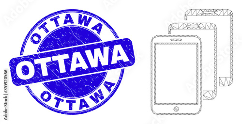 Web mesh smartphones pictogram and Ottawa seal. Blue vector rounded scratched watermark with Ottawa text. Abstract carcass mesh polygonal model created from smartphones pictogram.