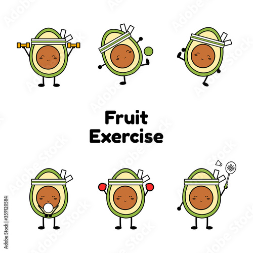 Avocado exercise character. Sport icon. Cute style fruit character. Happy face fruit icon. Cute style fruit set. Exercise at home. Avocado emoji. Illustration vector.