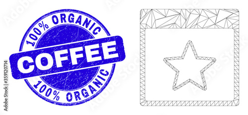 Web carcass star calendar page icon and 100% Organic Coffee seal. Blue vector rounded grunge stamp with 100% Organic Coffee title.