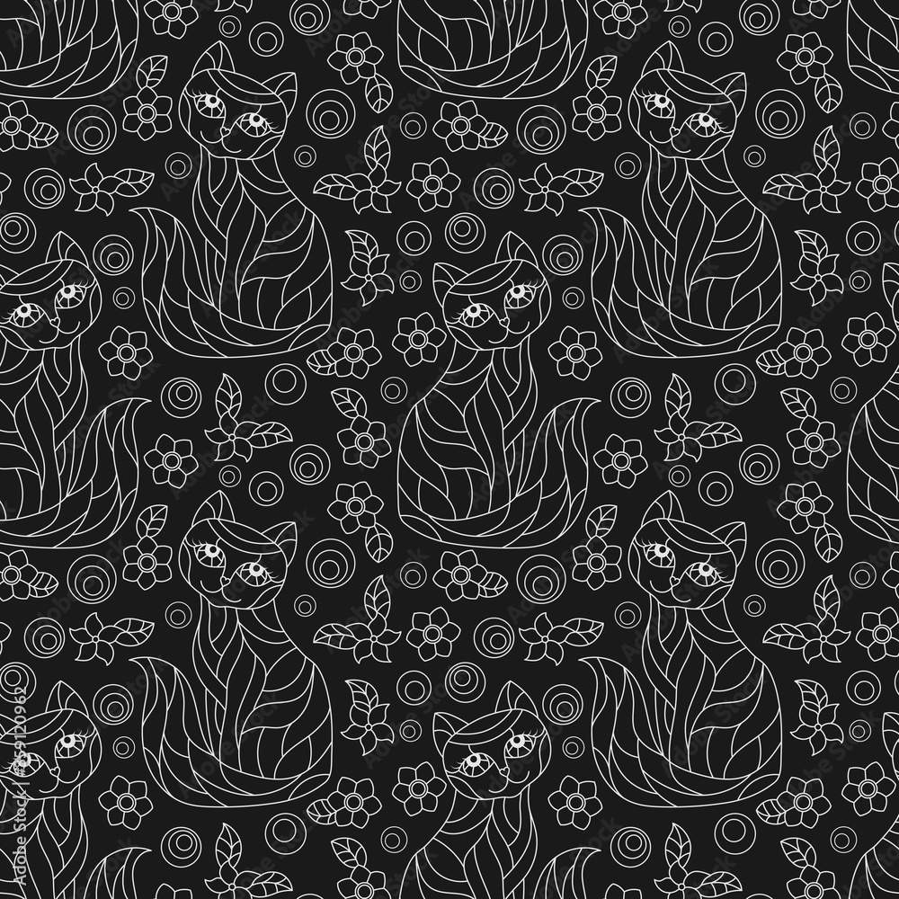 Seamless pattern with contour cats and flowers in stained glass style, light outlines on a dark  background