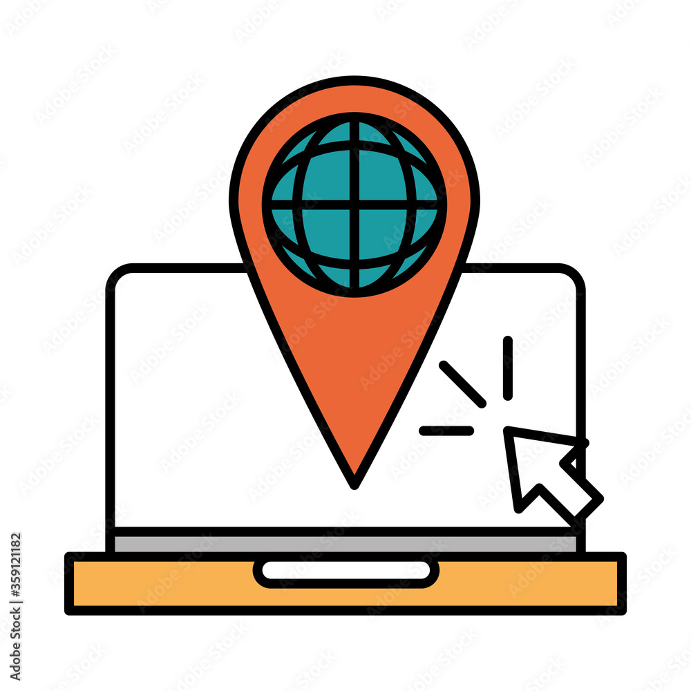 online education, laptop world navigation pointer, website and mobile training courses line and fill icon