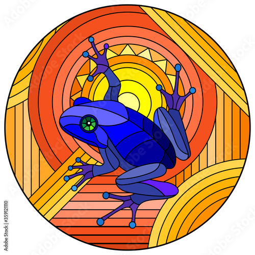 Illustration in stained glass style with abstract blue frog on geometric orange background with sun, round image