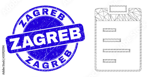 Web mesh text pad pictogram and Zagreb stamp. Blue vector round distress stamp with Zagreb text. Abstract carcass mesh polygonal model created from text pad icon.