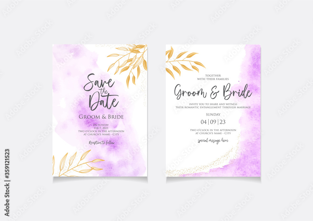 Light purple color wedding invitation card template with golden leaves, glitters and watercolor style background for save the date, invitation or greeting card. Vector design