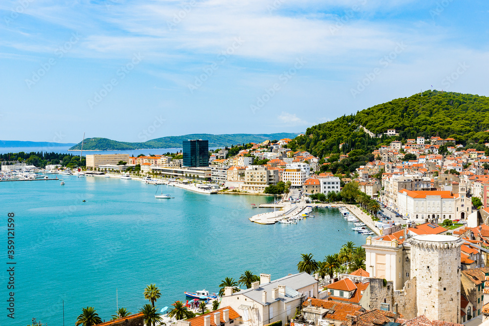 It's Panoramic view of the port of Split, Croatia, and the Adriatic Sea