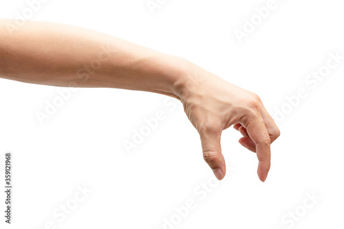 Male hand holding, picking up pose isolated on isolated on white background