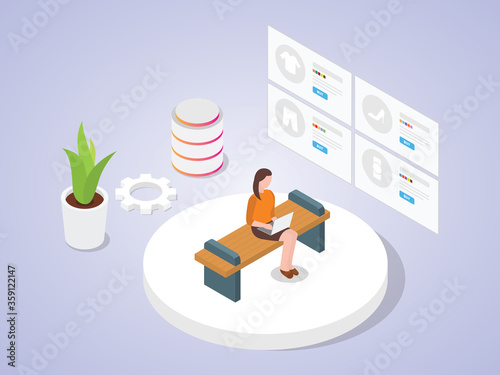 Women use laptop shopping online by looking catalog e commerce application with isometric design flat cartoon style