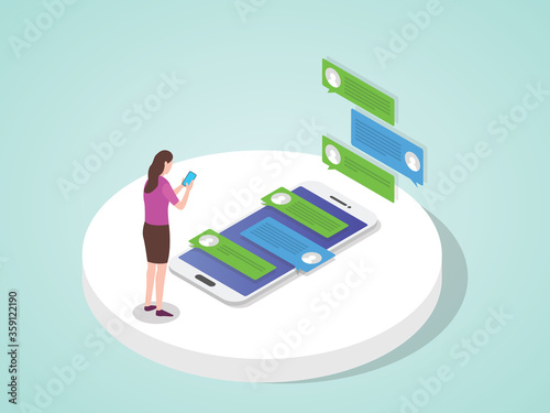Woman writing sms message chatting use smartphone flat cartoon style