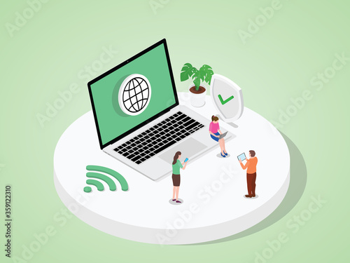 eople use devices laptop tablet smartphone work by access internet modern flat cartoon style