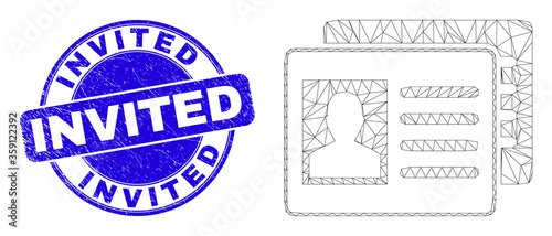 Web carcass user id cards icon and Invited stamp. Blue vector round distress stamp with Invited title. Abstract carcass mesh polygonal model created from user id cards icon.